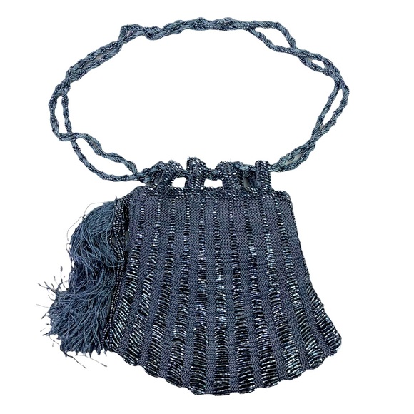 Ricki Designs Handbags - Ricki Designs Boho Metallic Knit Beaded Evening Shoulder Bag Tassel Blue Gray